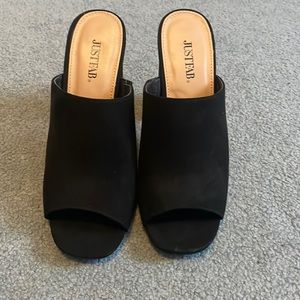JustFab black suede open toe mules, worn once!